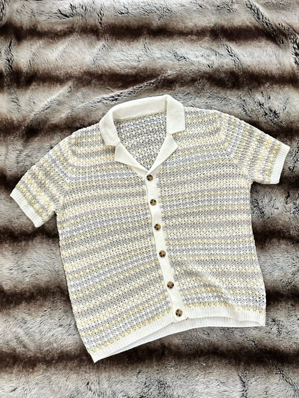 Breezy Summer Crochet polo Short-Sleeve Knit Button-Up Top in Cream and Yellow